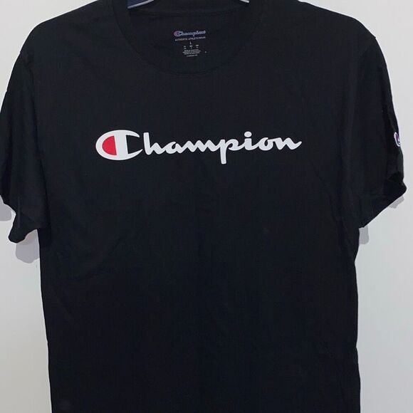Champion Men's Black Crew Neck Short Sleeve Spell Out Logo Graphic T-shirt Large - Picture 1 of 9